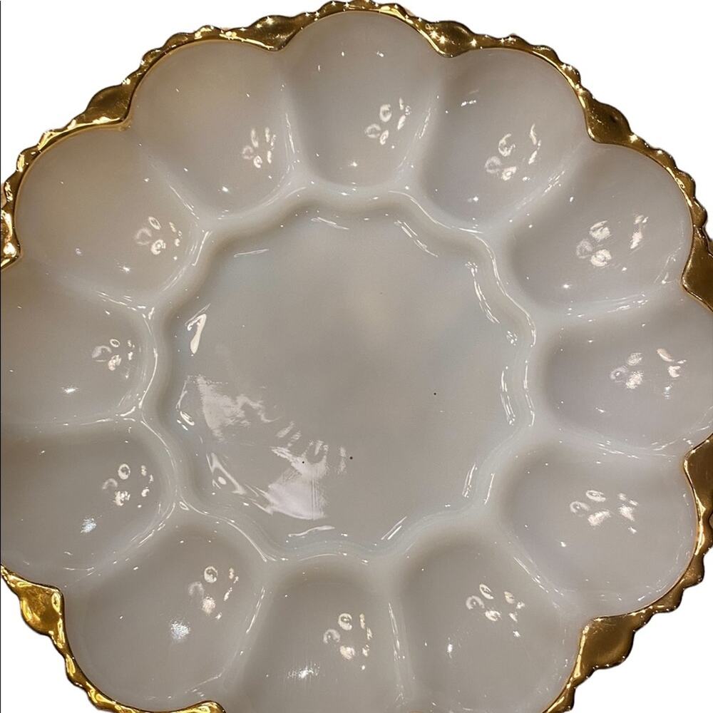 Vintage Anchor Hocking Milk Glass Deviled Egg Dish with Gold Edges -Set of 2